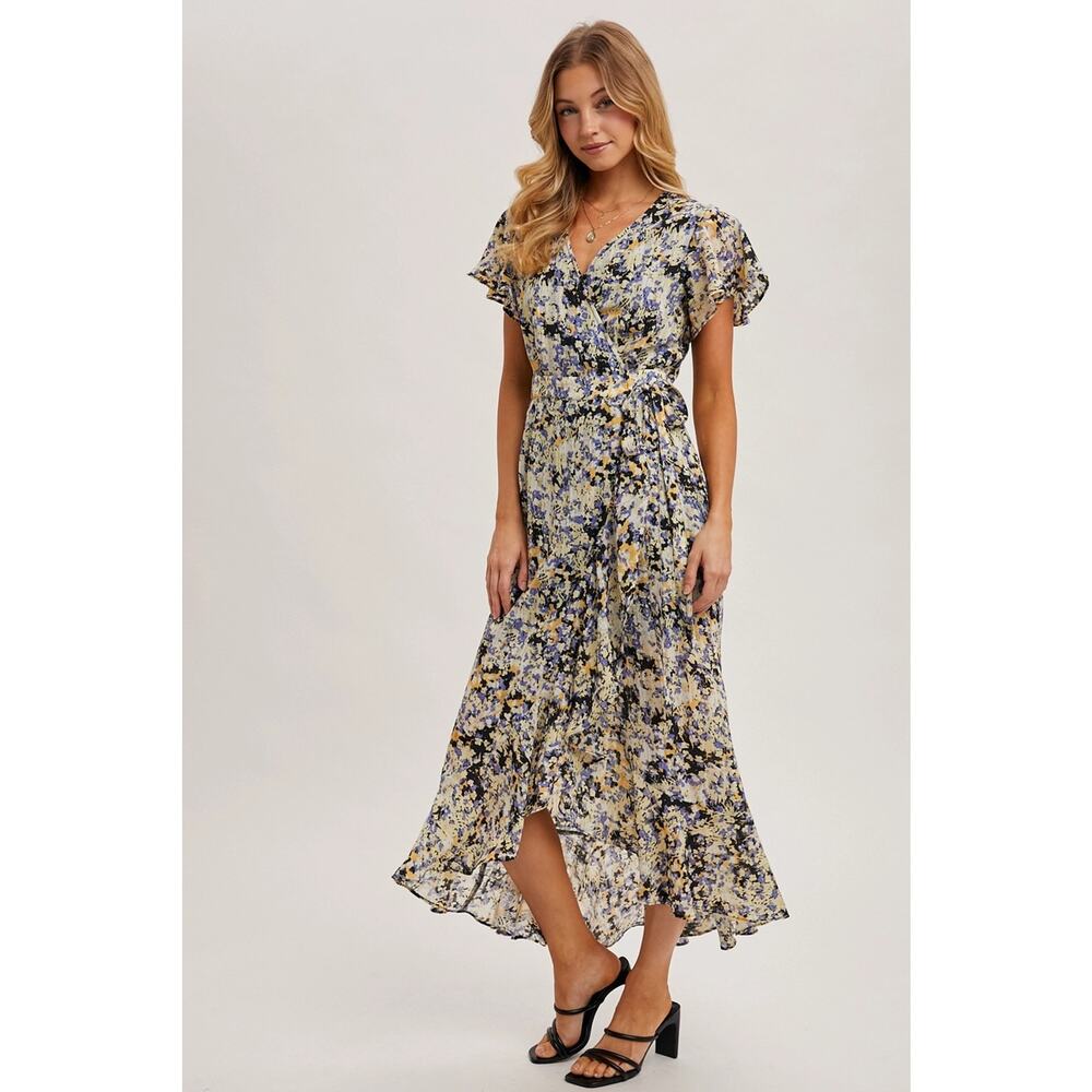 NEW Floral Print Wrap Ruffled Midi Dress LARGE - Picture 3 of 11